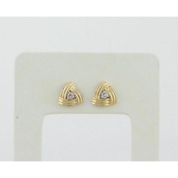 14k Yellow Gold Diamond Triangle Design Earrings Stud Post - Picture 6 of 8